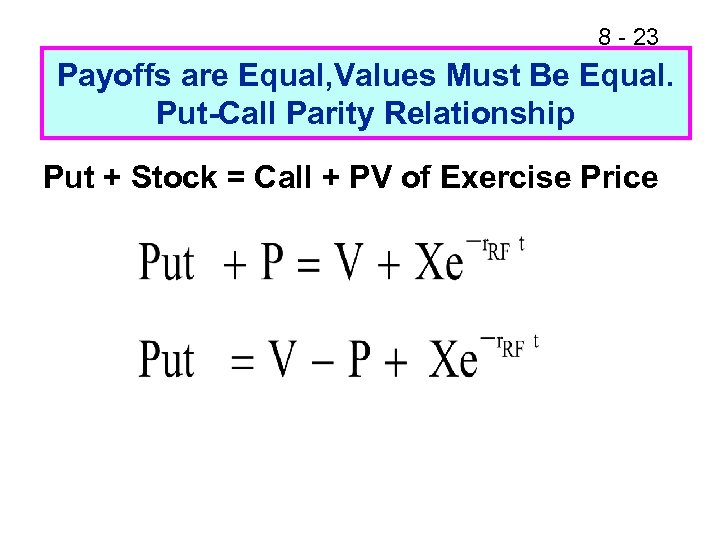 8 - 23 Payoffs are Equal, Values Must Be Equal. Put-Call Parity Relationship Put