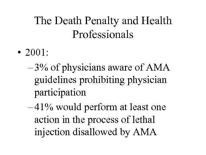 The Death Penalty and Health Professionals • 2001: – 3% of physicians aware of