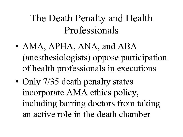 The Death Penalty and Health Professionals • AMA, APHA, ANA, and ABA (anesthesiologists) oppose