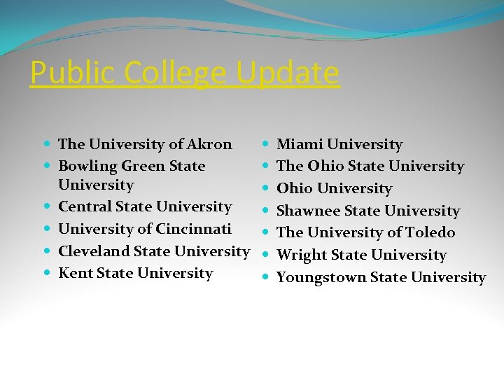 Public College Update The University of Akron Bowling Green State University Central State University