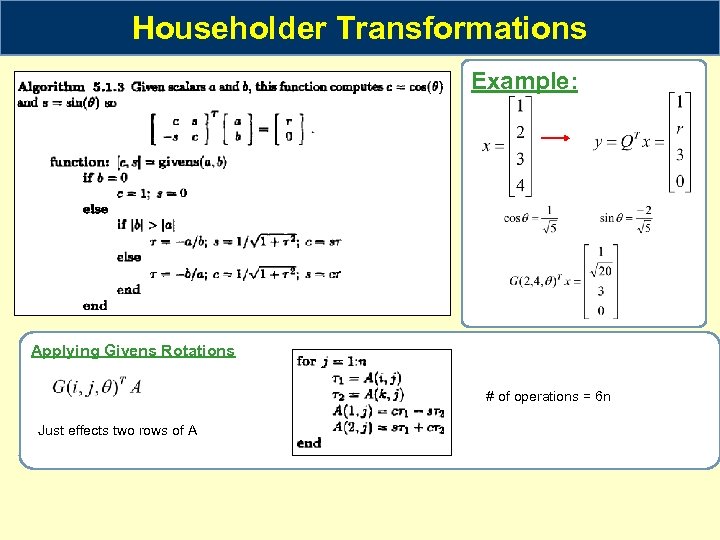 Householder Transformations Example: Applying Givens Rotations # of operations = 6 n Just effects