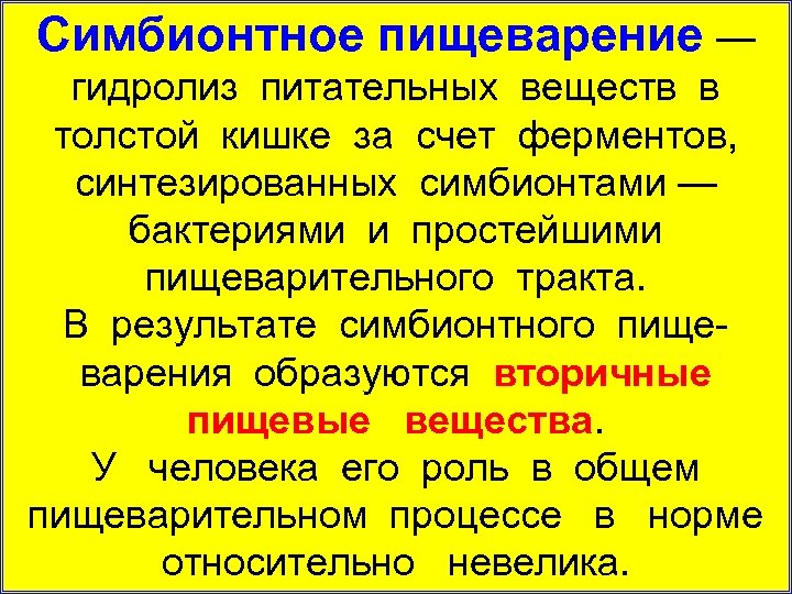Симбионтное пищеварение — гидролиз питательных веществ в толстой кишке за счет ферментов, синтезированных симбионтами