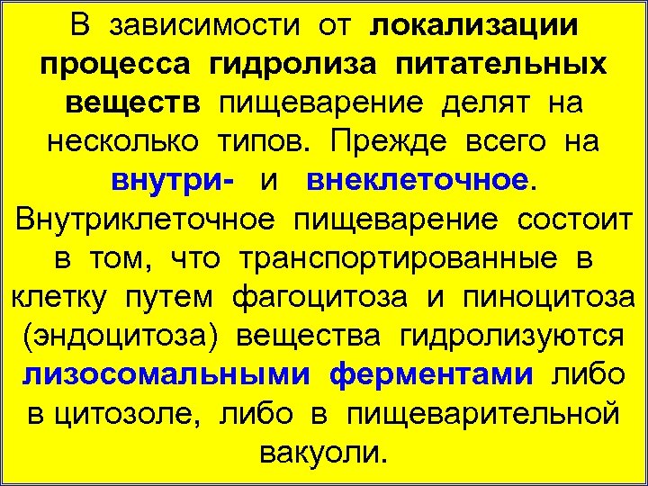 В зависимости от локализации процесса гидролиза питательных веществ пищеварение делят на несколько типов. Прежде