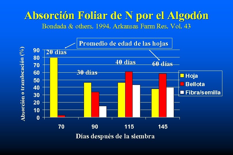 Absorción Foliar de N por el Algodón Absorción o translocación (%) Bondada & others.