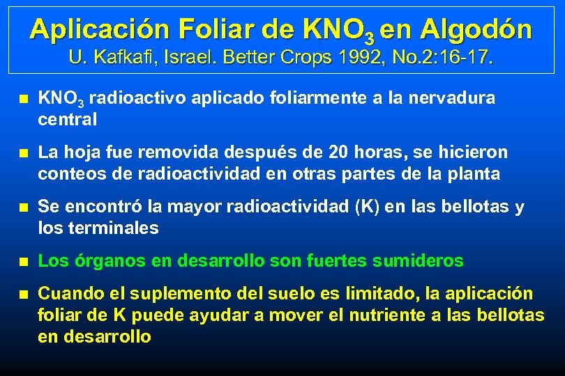 Aplicación Foliar de KNO 3 en Algodón U. Kafkafi, Israel. Better Crops 1992, No.