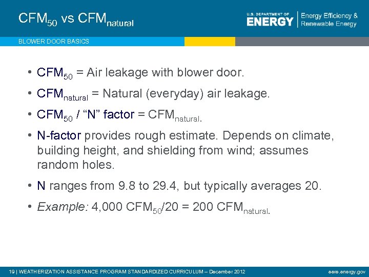 CFM 50 vs CFMnatural BLOWER DOOR BASICS • CFM 50 = Air leakage with