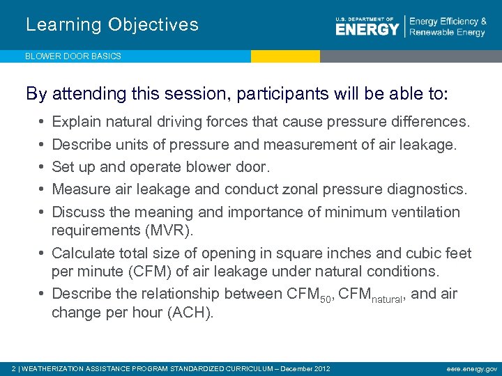 Learning Objectives BLOWER DOOR BASICS By attending this session, participants will be able to: