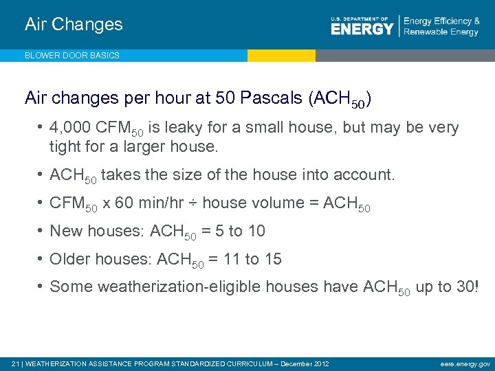 Air Changes BLOWER DOOR BASICS Air changes per hour at 50 Pascals (ACH 50)