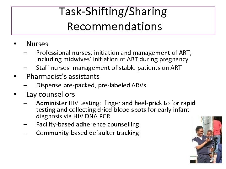 Task-Shifting/Sharing Recommendations • Nurses – – • Pharmacist’s assistants – • Professional nurses: initiation