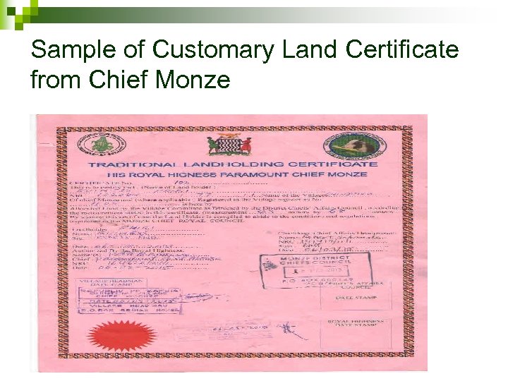 Sample of Customary Land Certificate from Chief Monze 