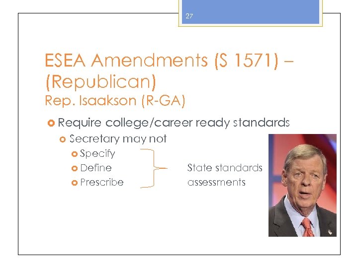 27 ESEA Amendments (S 1571) – (Republican) Rep. Isaakson (R-GA) Require college/career ready standards