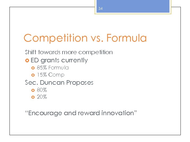 34 Competition vs. Formula Shift towards more competition ED grants currently 85% Formula 15%