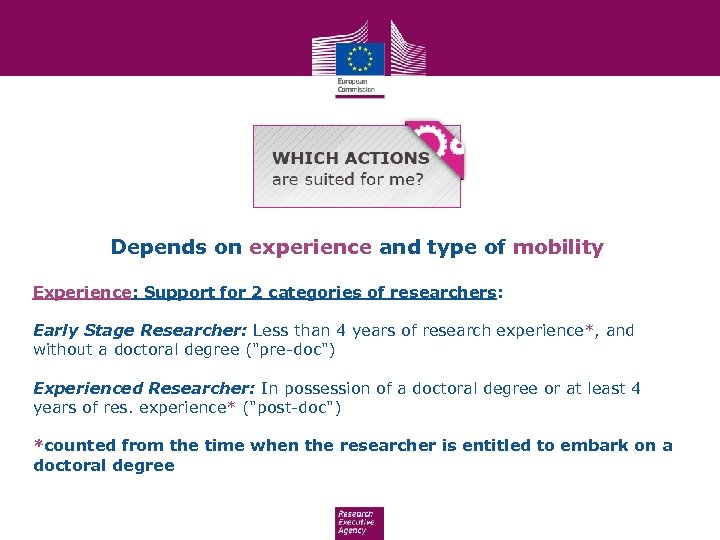 Depends on experience and type of mobility Experience: Support for 2 categories of researchers: