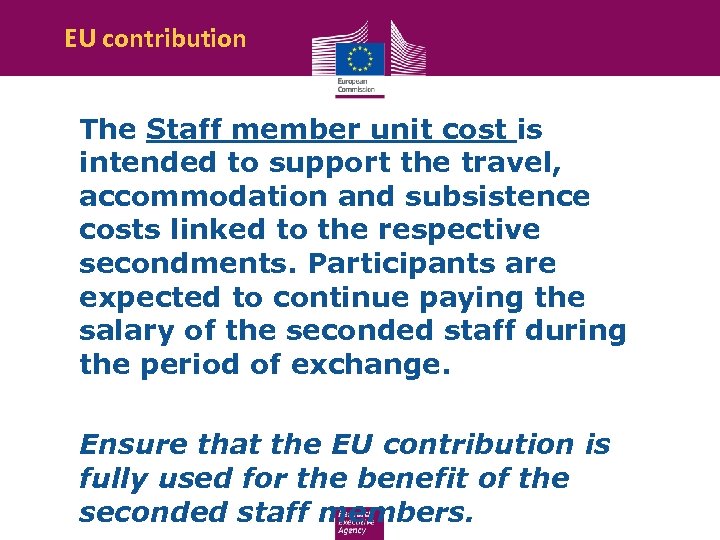 EU contribution The Staff member unit cost is intended to support the travel, accommodation