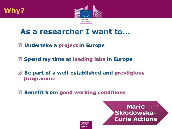 Why? As a researcher I want to… þ Undertake a project in Europe þ