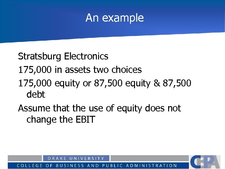An example Stratsburg Electronics 175, 000 in assets two choices 175, 000 equity or