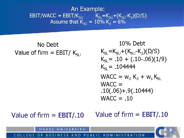 An Example: EBIT/WACC = EBIT/KSU KSL=KSU+(KSU-Kd)(D/S) Assume that KSU = 10% Kd = 6%