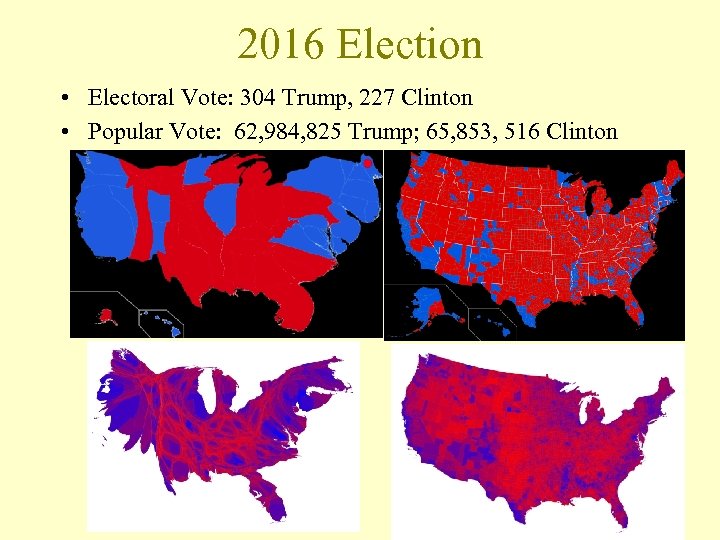 2016 Election • Electoral Vote: 304 Trump, 227 Clinton • Popular Vote: 62, 984,