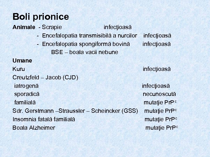 Boli prionice Animale - Scrapie infecţioasă - Encefalopatia transmisibilă a nurcilor - Encefalopatia spongiformă