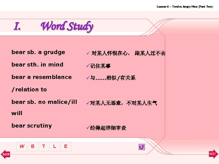 Lesson 6 – Twelve Angry Men (Part Two) I. Word Study bear sb. a