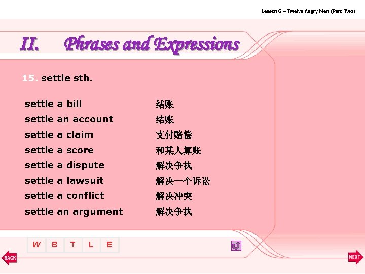 Lesson 6 – Twelve Angry Men (Part Two) II. Phrases and Expressions 15. settle