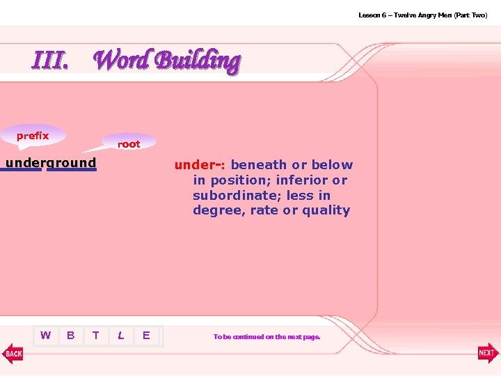 Lesson 6 – Twelve Angry Men (Part Two) III. Word Building prefix root underground