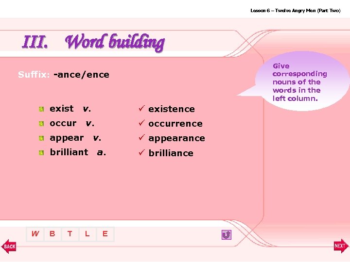 Lesson 6 – Twelve Angry Men (Part Two) III. Word building Give corresponding nouns
