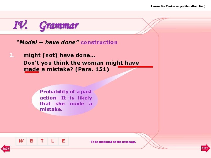 Lesson 6 – Twelve Angry Men (Part Two) IV. Grammar “Modal + have done”