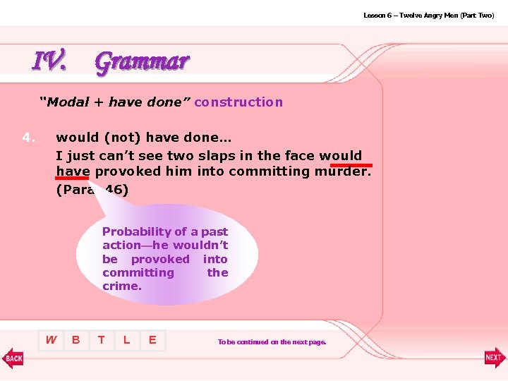 Lesson 6 – Twelve Angry Men (Part Two) IV. Grammar “Modal + have done”
