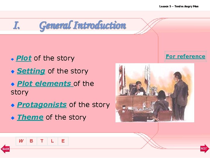 Lesson 5 – Twelve Angry Men I. General Introduction Plot of the story Setting