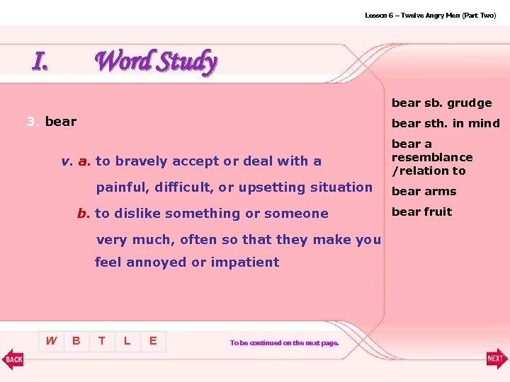 Lesson 6 – Twelve Angry Men (Part Two) I. Word Study bear sb. grudge