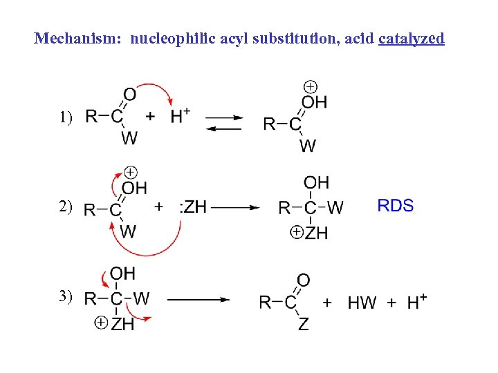 Mechanism: nucleophilic acyl substitution, acid catalyzed 1) 2) 3) 