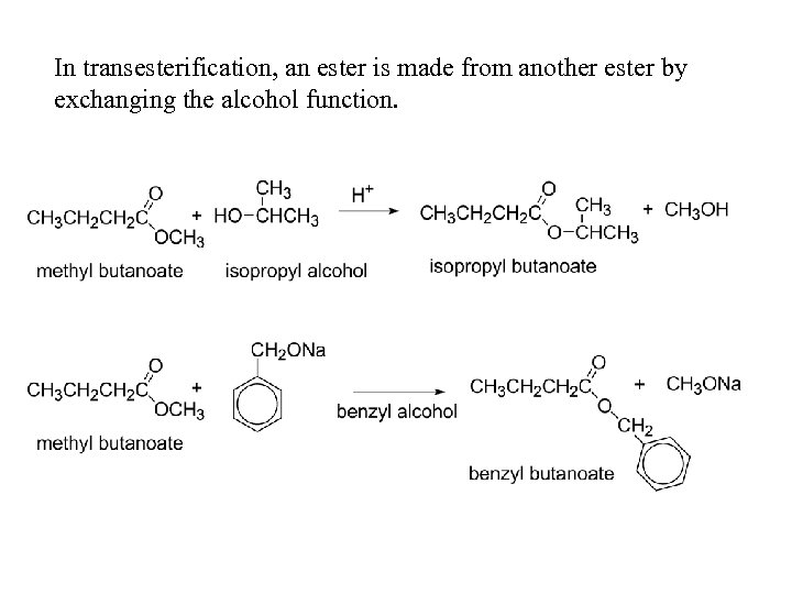 In transesterification, an ester is made from another ester by exchanging the alcohol function.