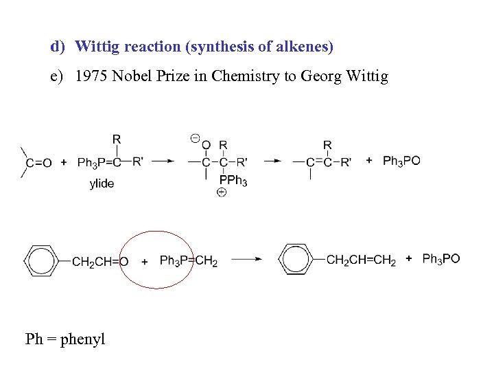 d) Wittig reaction (synthesis of alkenes) e) 1975 Nobel Prize in Chemistry to Georg