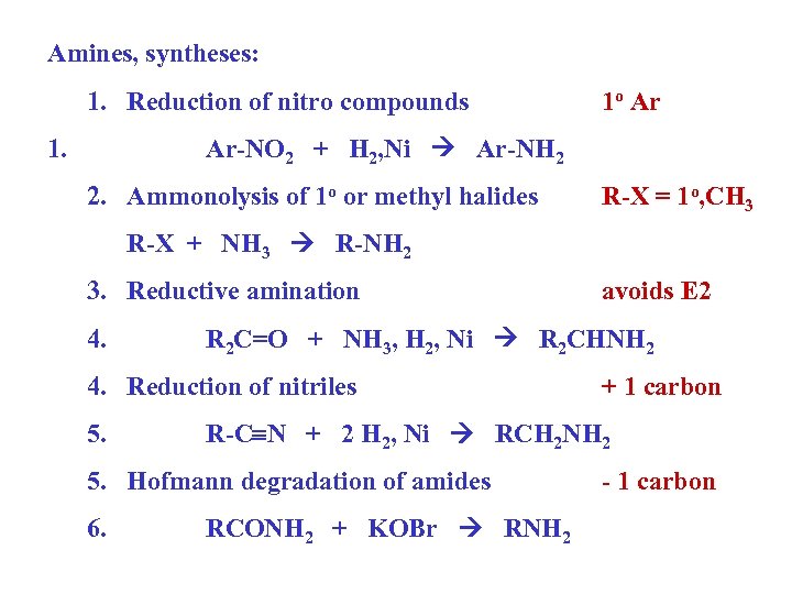 Amines, syntheses: 1. Reduction of nitro compounds 1. 1 o Ar Ar-NO 2 +