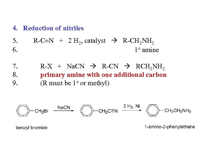 4. Reduction of nitriles 5. 6. 7. 8. 9. R-C N + 2 H