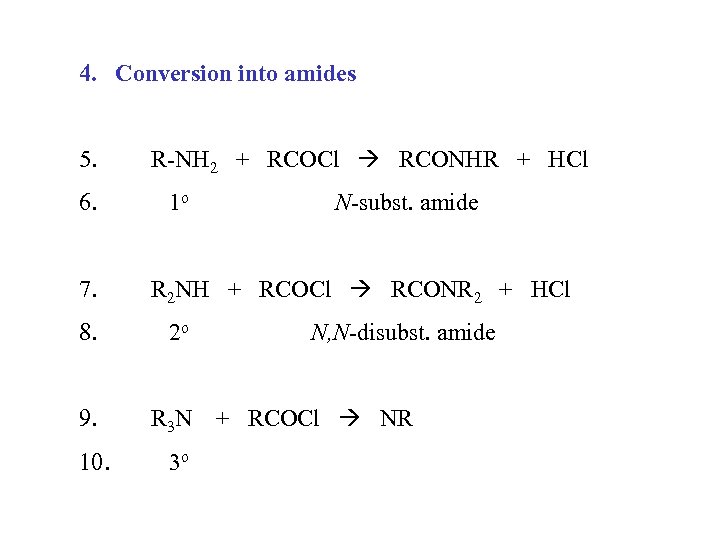 4. Conversion into amides 5. 6. 7. R-NH 2 + RCOCl RCONHR + HCl