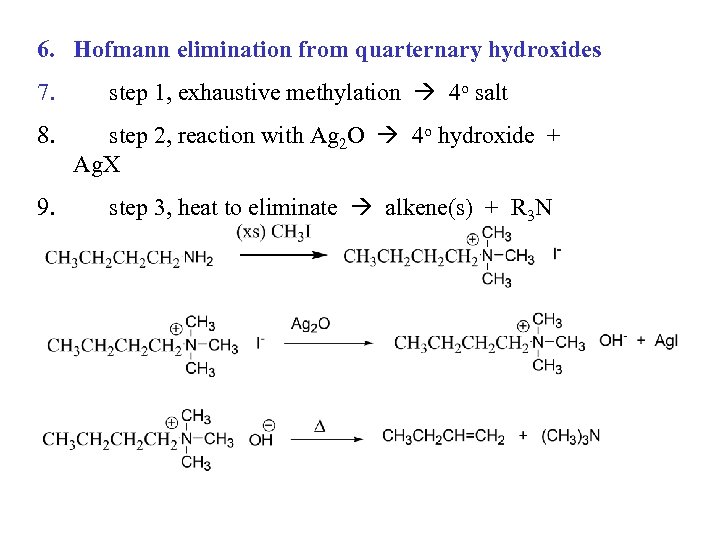 6. Hofmann elimination from quarternary hydroxides 7. 8. 9. step 1, exhaustive methylation 4