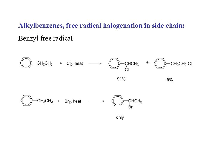 Alkylbenzenes, free radical halogenation in side chain: Benzyl free radical 