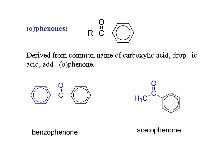 (o)phenones: Derived from common name of carboxylic acid, drop –ic acid, add –(o)phenone. 