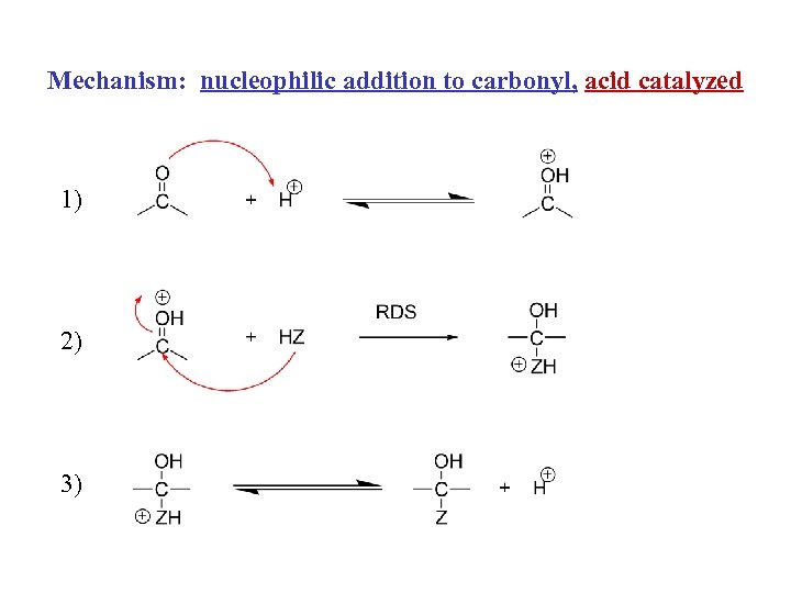 Mechanism: nucleophilic addition to carbonyl, acid catalyzed 1) 2) 3) 