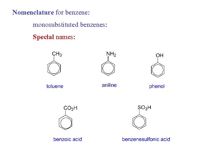 Nomenclature for benzene: monosubstituted benzenes: Special names: 