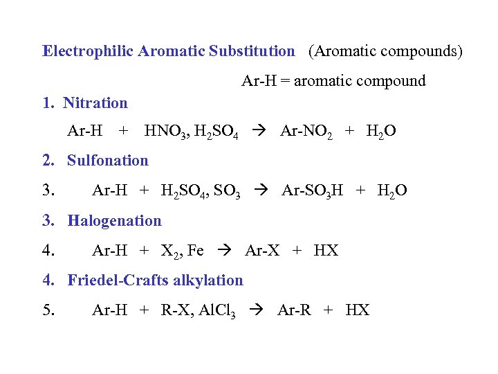 Electrophilic Aromatic Substitution (Aromatic compounds) Ar-H = aromatic compound 1. Nitration Ar-H + HNO