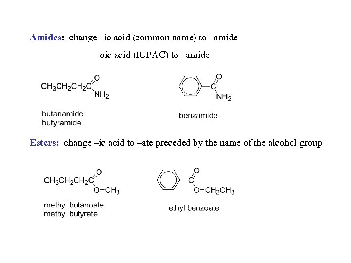 Amides: change –ic acid (common name) to –amide -oic acid (IUPAC) to –amide Esters: