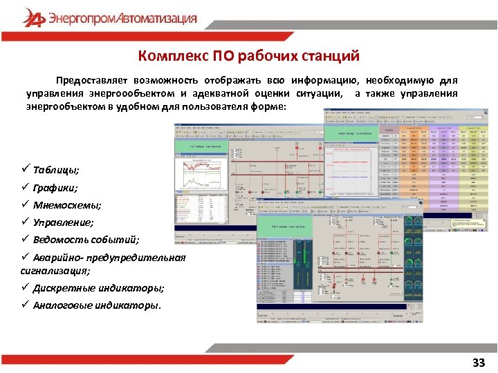 Комплекс ПО рабочих станций Предоставляет возможность отображать всю информацию, необходимую для управления энергоообъектом и