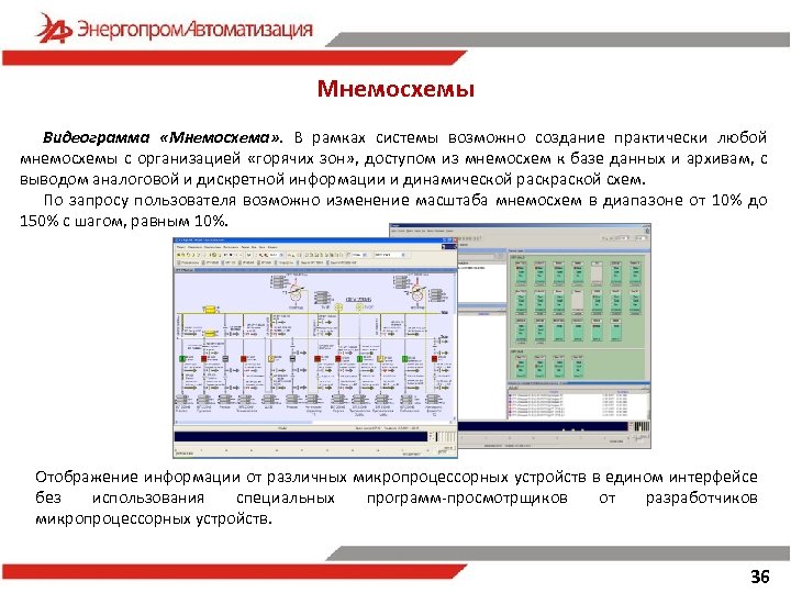 Мнемосхемы Видеограмма «Мнемосхема» . В рамках системы возможно создание практически любой мнемосхемы с организацией