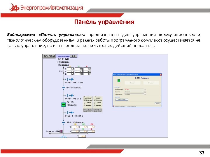 Панель управления Видеограмма «Панель управления» предназначена для управления коммутационным и технологическим оборудованием. В рамках