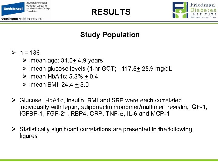 RESULTS Study Population Ø n = 136 Ø mean age: 31. 0+ 4. 9