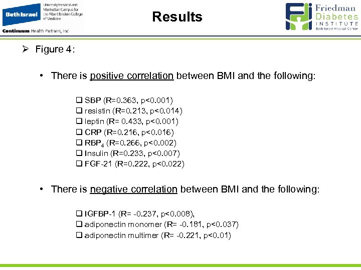 Results Ø Figure 4: • There is positive correlation between BMI and the following: