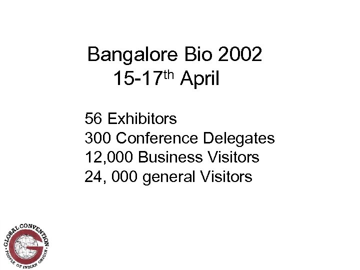 Bangalore Bio 2002 15 -17 th April 56 Exhibitors 300 Conference Delegates 12, 000